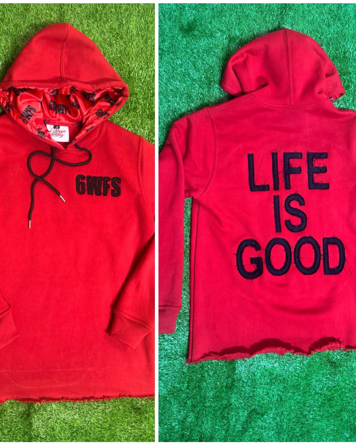 Distressed Red Satin Hoodie-Life is Good