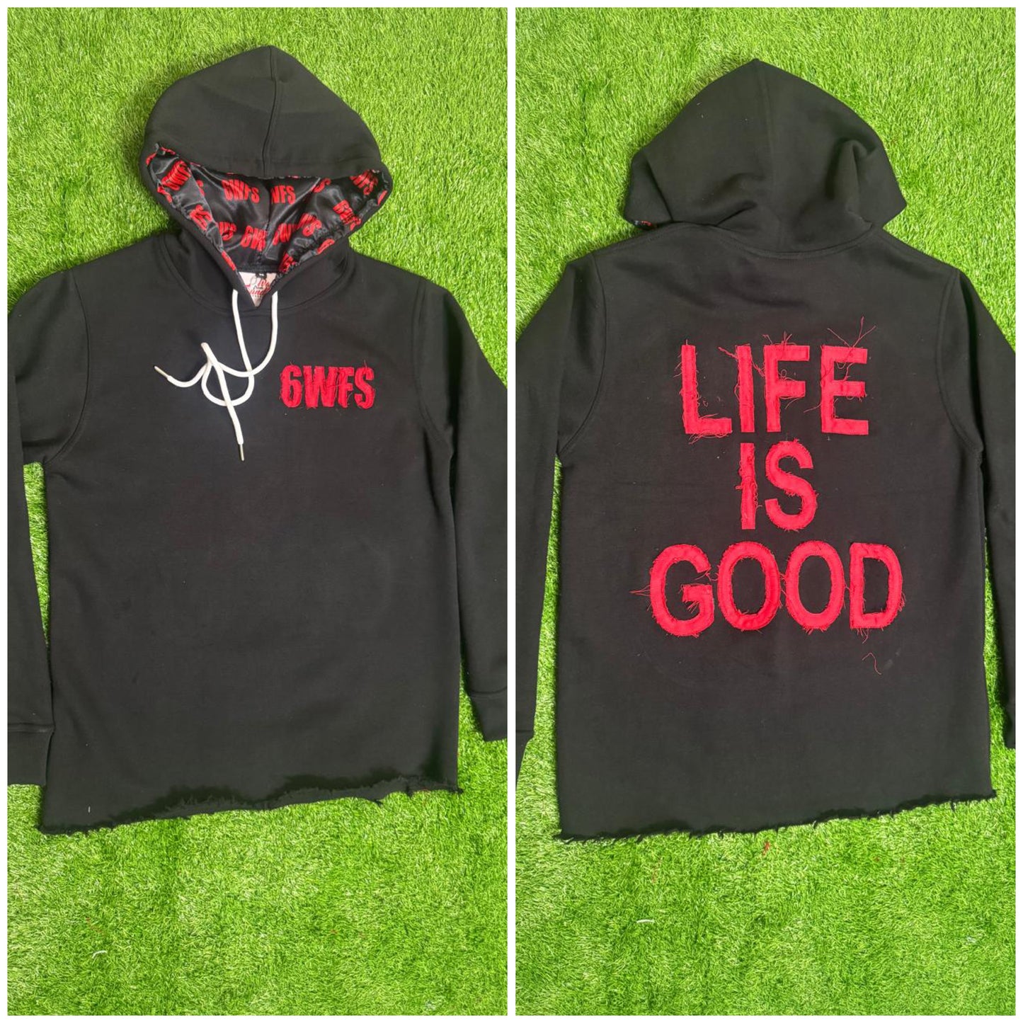 Distressed Black Satin Life Is Good Hoodie